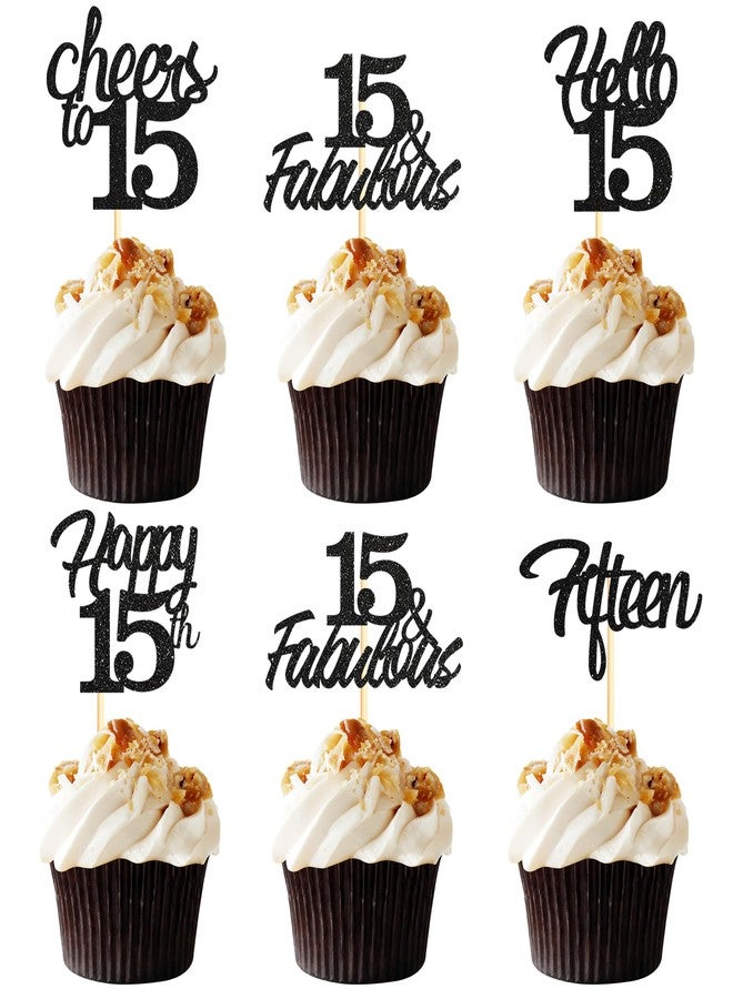 Sotpot 30 Pack 15th Birthday Cupcake Toppers Hello 15 Cheers to 15 Years Cupcake Picks for 15th Birthday Anniversary Party Cake Decorations Black Glitter - Image 1